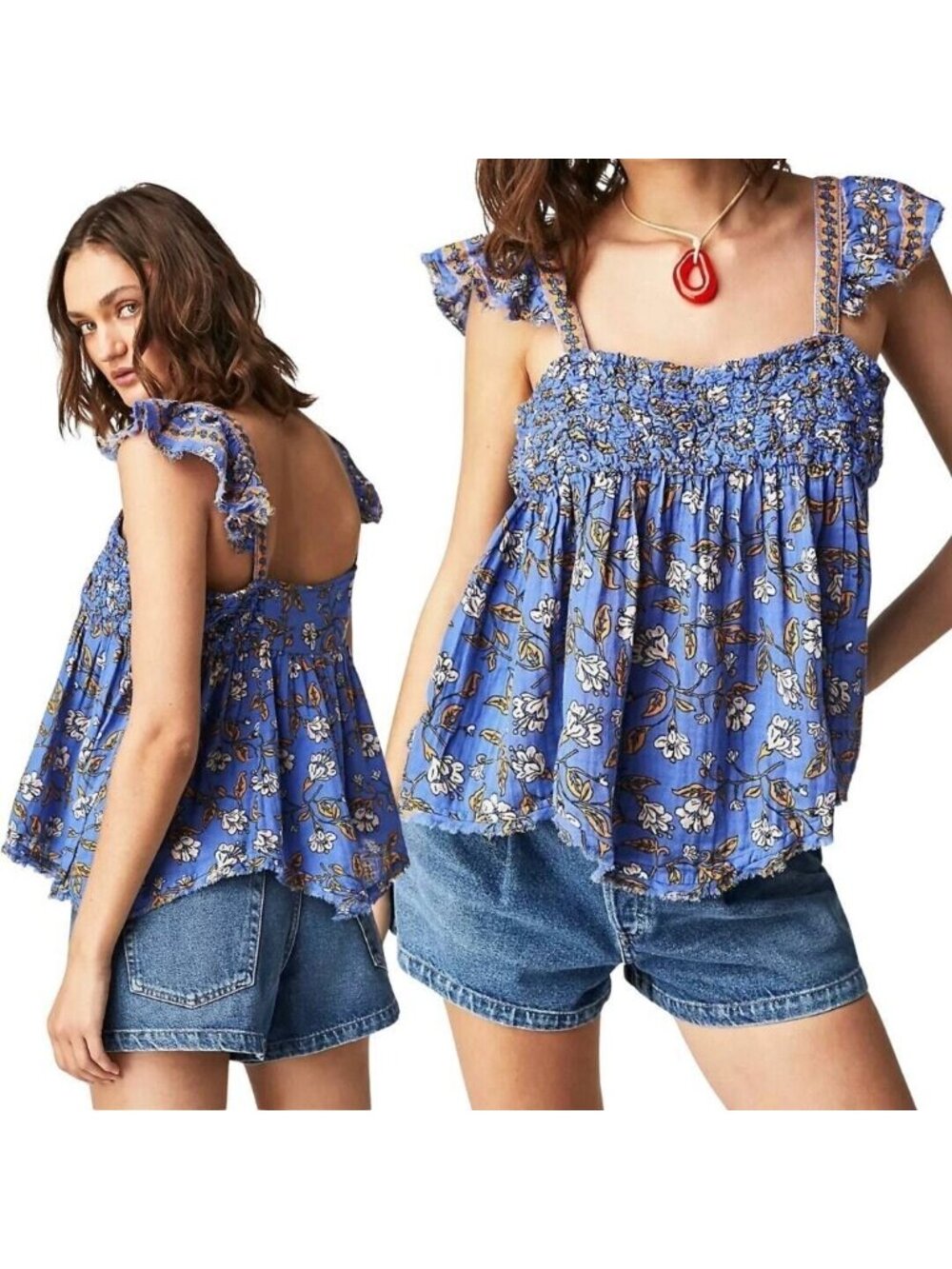 Free People Womens Size M Nala Top Babydoll Blue Floral Cotton Smocked NEW - Picture 1 of 10